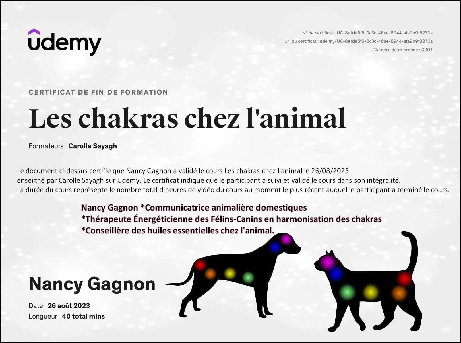 Certificat chakras animal