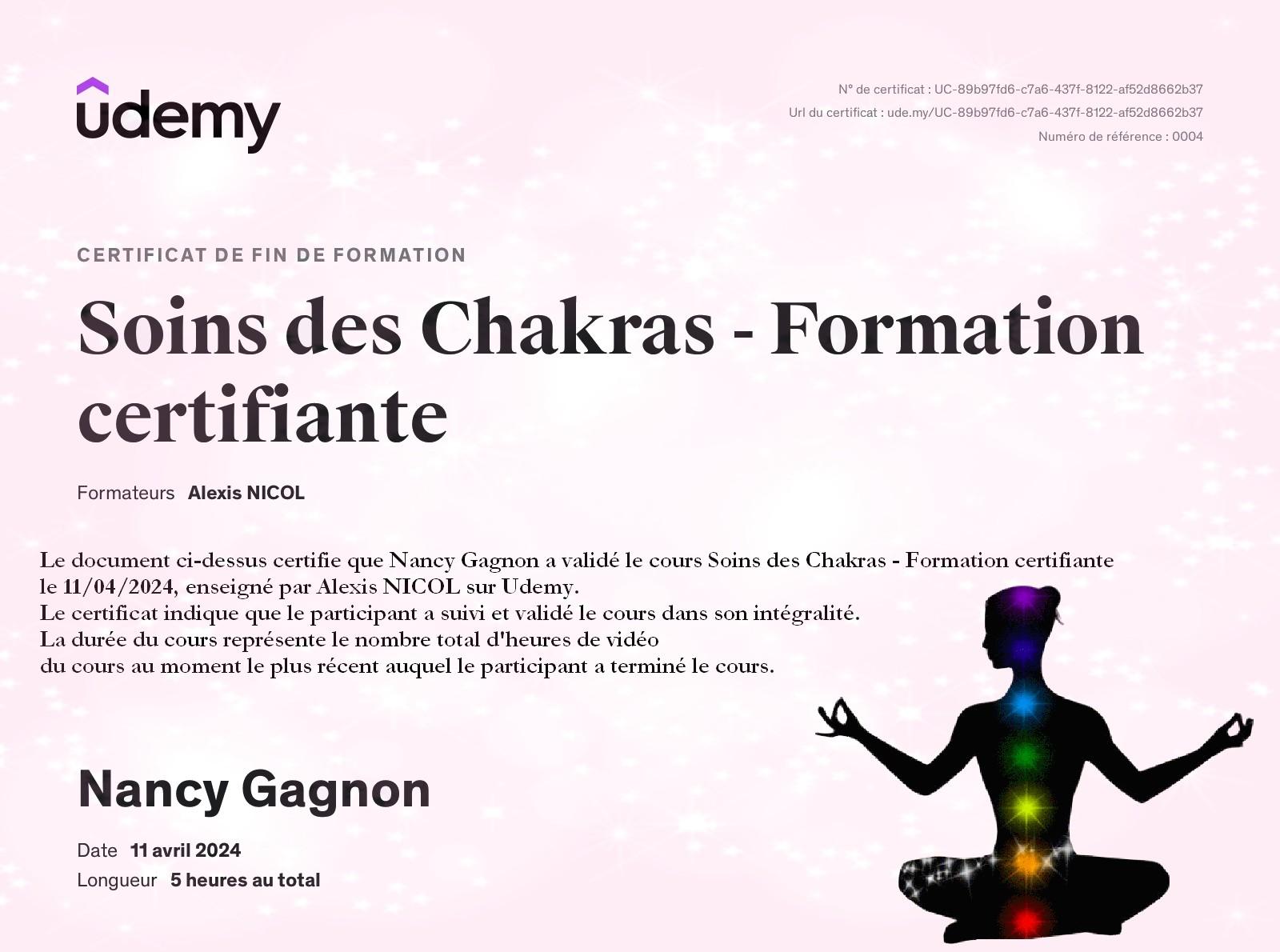 Certificat soins des chakras